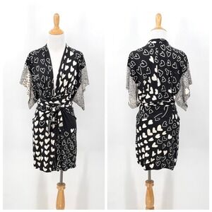 ISSA LONDON Mixed Hearts Mini Dress Womens 4 Black Cream Silk Jersy Wrap Tie
